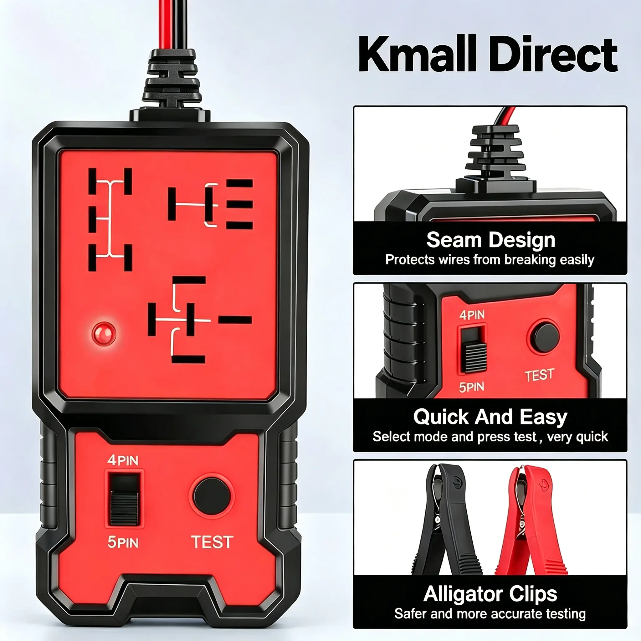 Auto Relay Tester Universal Automotive Diagnostic Tool 12V/24V 4-Pin 5-Pin Analysis Tester with Red Black Battery Clips for Car Repair