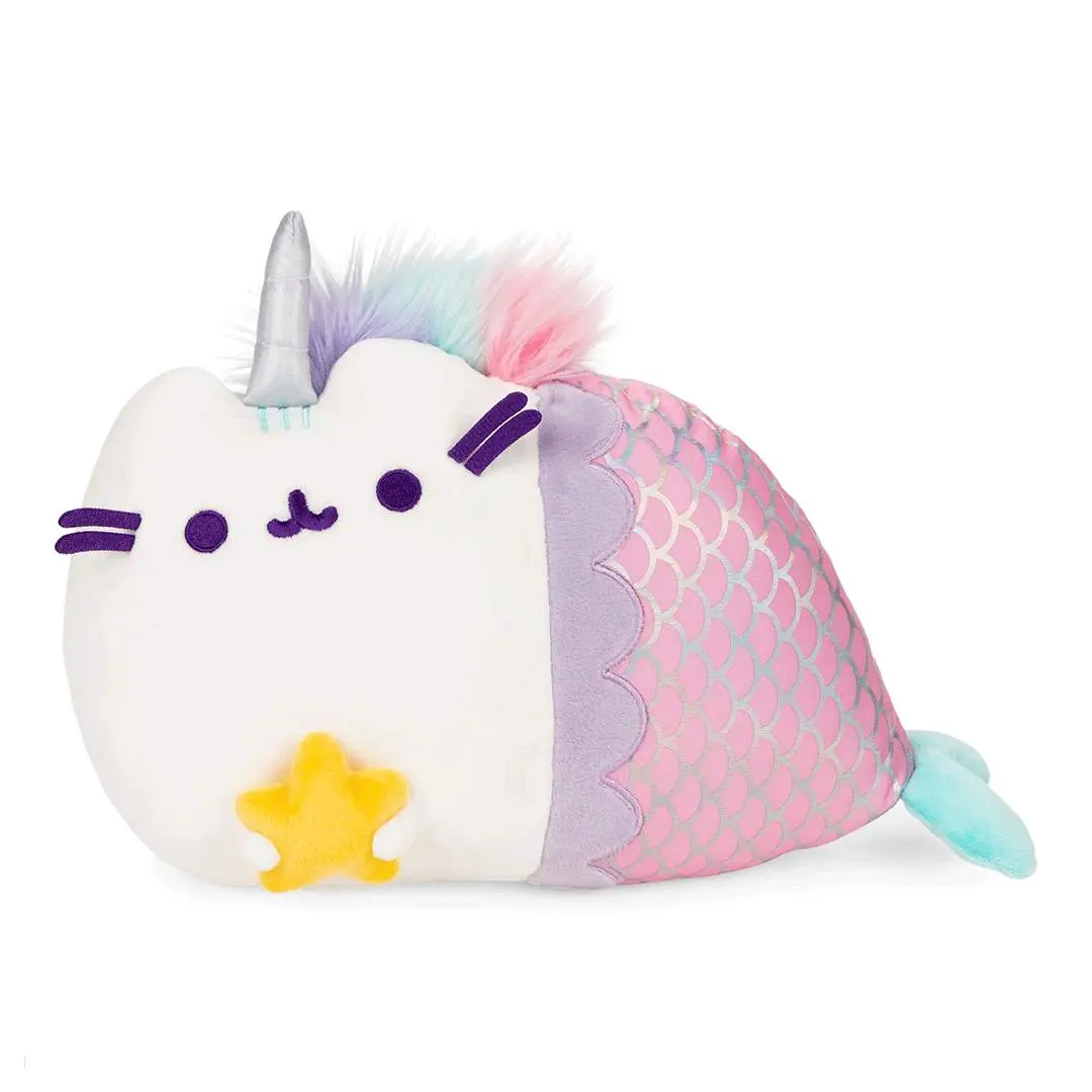 New GUND Pusheenicorn 12-in Collectible Plush Toy - Magical Mermaid Design, Silver Horn, Pink Tail, Polyester, Hand Washable, Touch-Light, 3 AAA Batteries Included