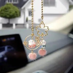 Pair of Lucky Cat Car Interior Mirror Hanging Accessories Car Decor Mini Porcelain Maneki Neko Dangle Charm (Sakura Lucky Cat)