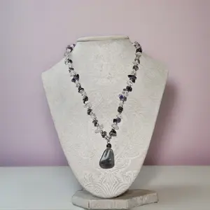 Crystal Tumble Chip Necklace Amethyst, Aventurine, Obsidian with Clear Quartz Chips