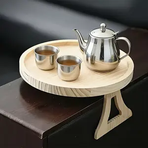 Round Wooden Tray for Sofa Armrests, Foldable Design, Bed Side Table with Legs, Cup Holder, Tea Set Small Appliance, Modern Accent Tables