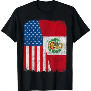 100% Cotton Peruvian American Flag Half USA Peru Root Proud T-Shirt