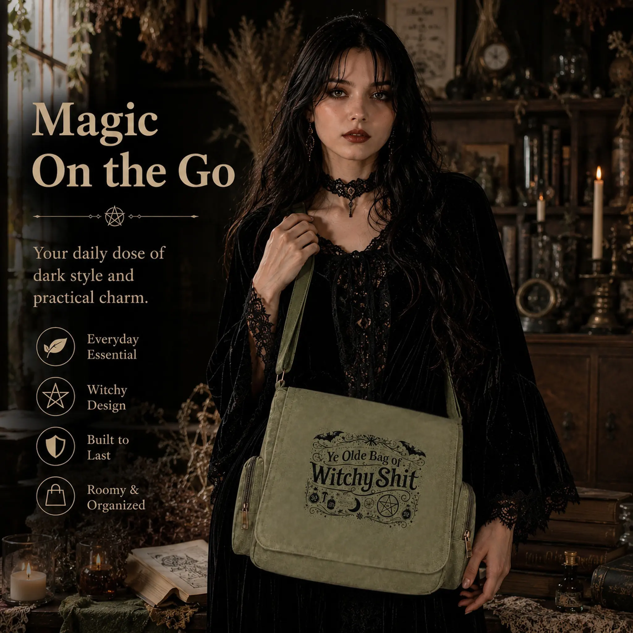 Large-capacity women's messenger bag, made of canvas material, ideal for work, shopping, school, and travel. Featuring an exquisite design of a bat-themed witch, making it an excellent gift choice for witch theme enthusiasts