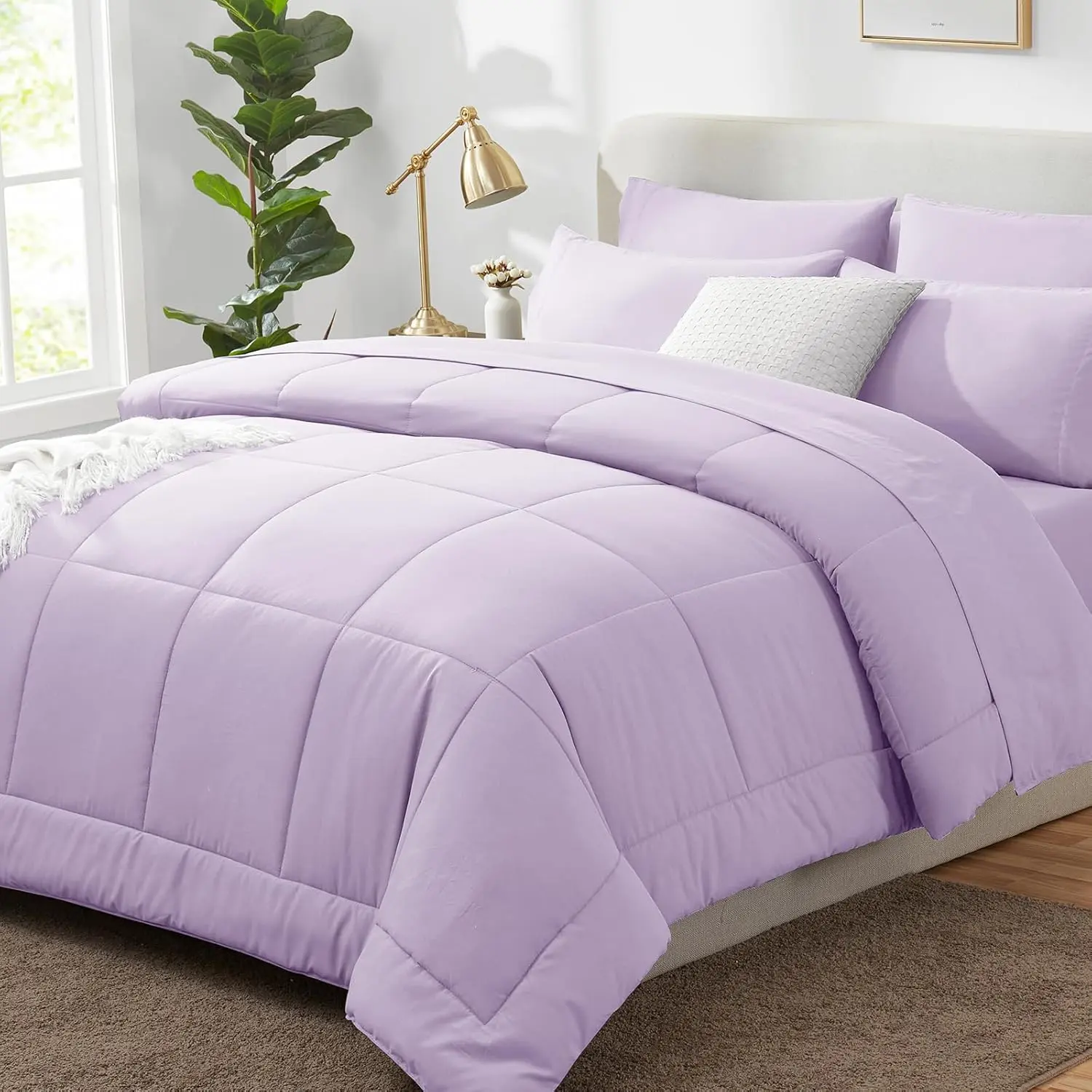 Queen Comforter Lavender, 7 a Bag, Light Purple Comforter Queen Size, Sets with Quilted Comforter, Flat Sheet, Sheet, Pillowcases