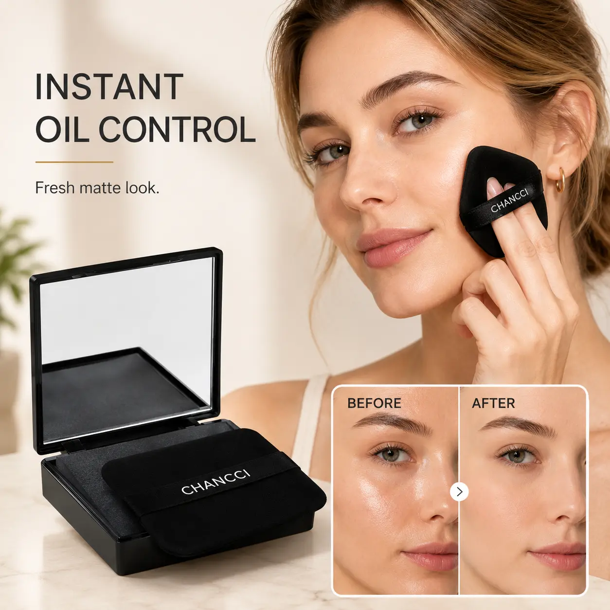 Black 2-in-1 Magnetic Makeup Oil Blotting Setting Sheets - 600 Sheets with Powder, Mirror, Powder Puff, Gentle Oil Control for Oily Skin, Quick Touch-Up, Outdoor Use, Secure Closure