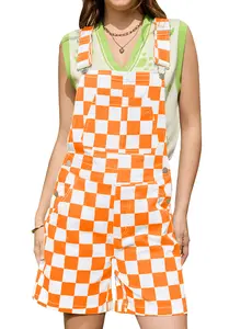 ODEFOU Football Game Women's Checkered Overalls Plaid Stretchy Bib Coveralls Shorts Summer Casual Clothes, Adjustable Straps Jumpsuit, Y2K Fashion Workwear BBQ Vacation Outfits