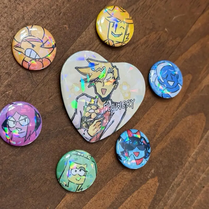 Deltarune Holographic Button Pin – Flowery Fan Art 2.25” Badge + 6 1” buttons