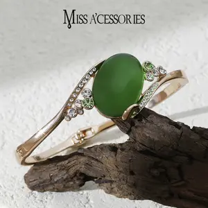 Oval Green Jade Bangle with Box Clasp, Rose Gold Tone, Sparkly CZ Crystals & Green Crystal Accents, Viral Statement Piece, Luxury Gem Costume Jewelry for Formal Party, Birthday Gift Idea