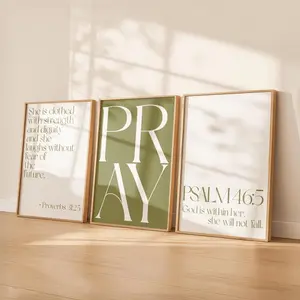 Christian Wall Art Unframed Set of 3 | Psalm 46 5 & Proverbs 31 25 Prints | Neutral Sage Green Bible Verse Art | Modern Faith Home Decor