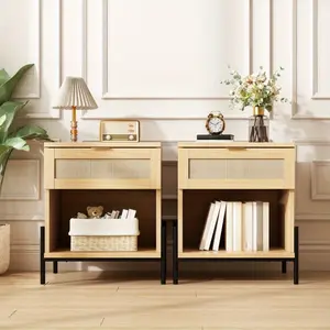 Set of 2 Rattan Nightstands with Drawer, Boho Bedside Tables for Bedroom & Living Room