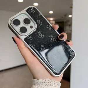 Woner  For iPhone 17 16 15 14 13 Phone Case Black Cherry Protective Cover For Apple Phones Silver Edge For Girls Women