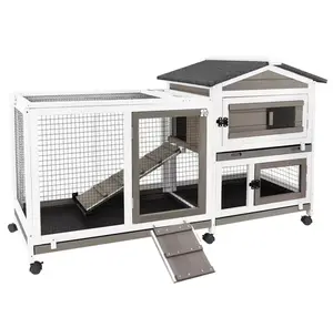 Petscosset 57" L Rabbit Hutch Indoor Outdoor 2 Story Large Bunny Hutch with Run Guinea Pig Cage Wooden Rabbit Cage with Removable 3 Pull Out Trays Pet House for Small-Medium Animals