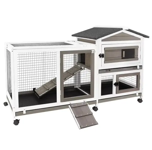 Petscosset 57" L Rabbit Hutch Indoor Outdoor 2 Story Large Bunny Hutch with Run Guinea Pig Cage Wooden Rabbit Cage with Removable 3 Pull Out Trays Pet House for Small-Medium Animals