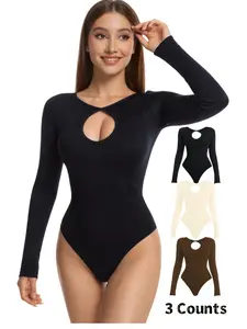 Women's Plain Minimalist Long Sleeve Fit Aesthetic Shapewear Bodysuit, Thong Style Three-Button Design, Slimming Tummy Control & Butt Lifting, Ladies Intimate Apparel Underwear Piece