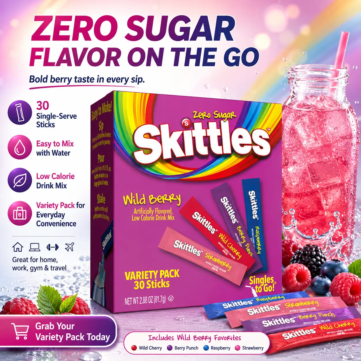 Skittles Singles To Go Wild Berry Variety Pack Beverage Powdered Drink Mix, Watertok Inspired, 0 Sugar, Low Calorie, 4 Wild Berry Flavors, 1 Box (30 Single Servings), Includes Strawberry Fruit Flavor