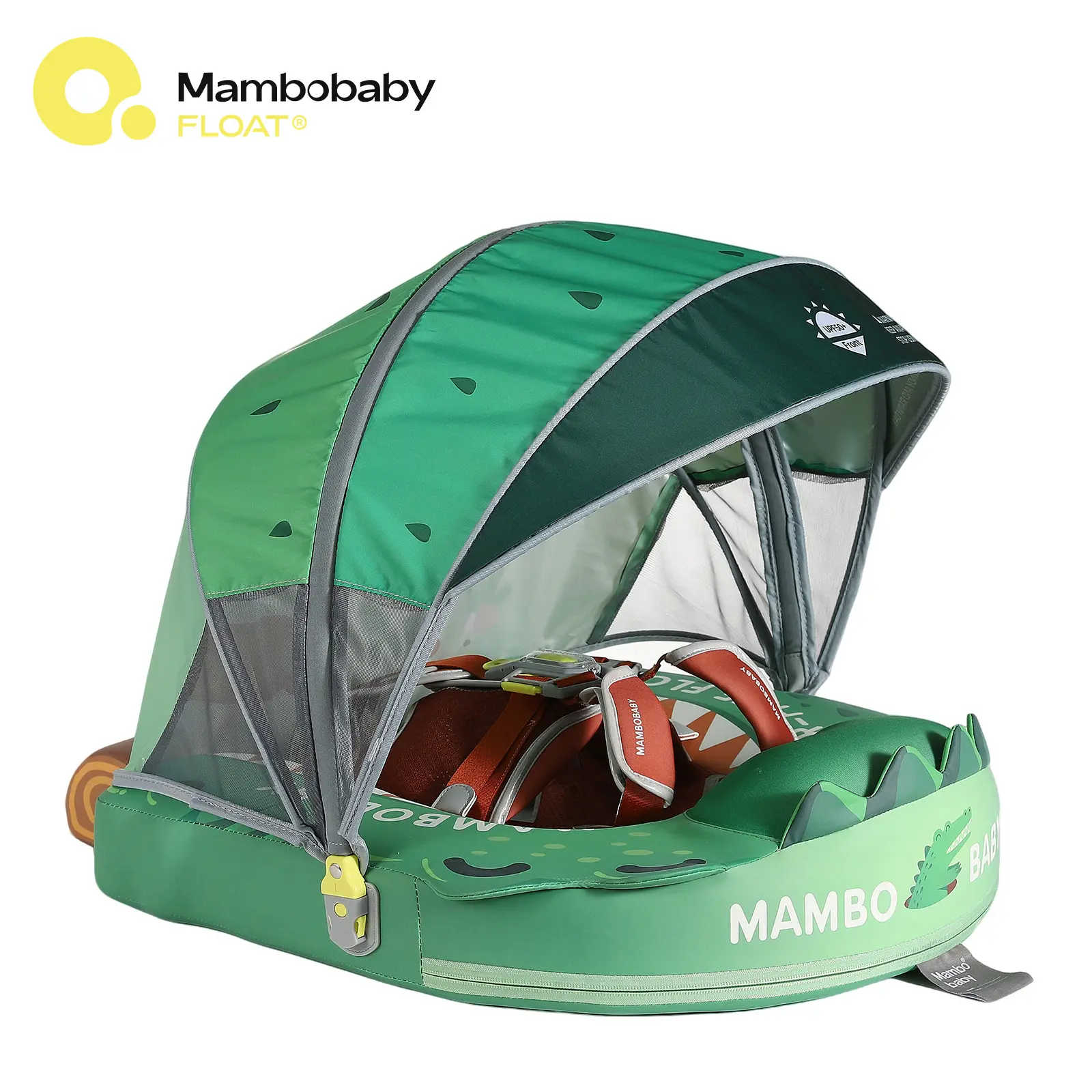 Mambobaby  Cartoon Crocodile Non-Inflatable Baby Swim Float with Detachable Canopy, UPF 50+ Sun Protection, 5-Point Safety System, for Babies 3-24 Months