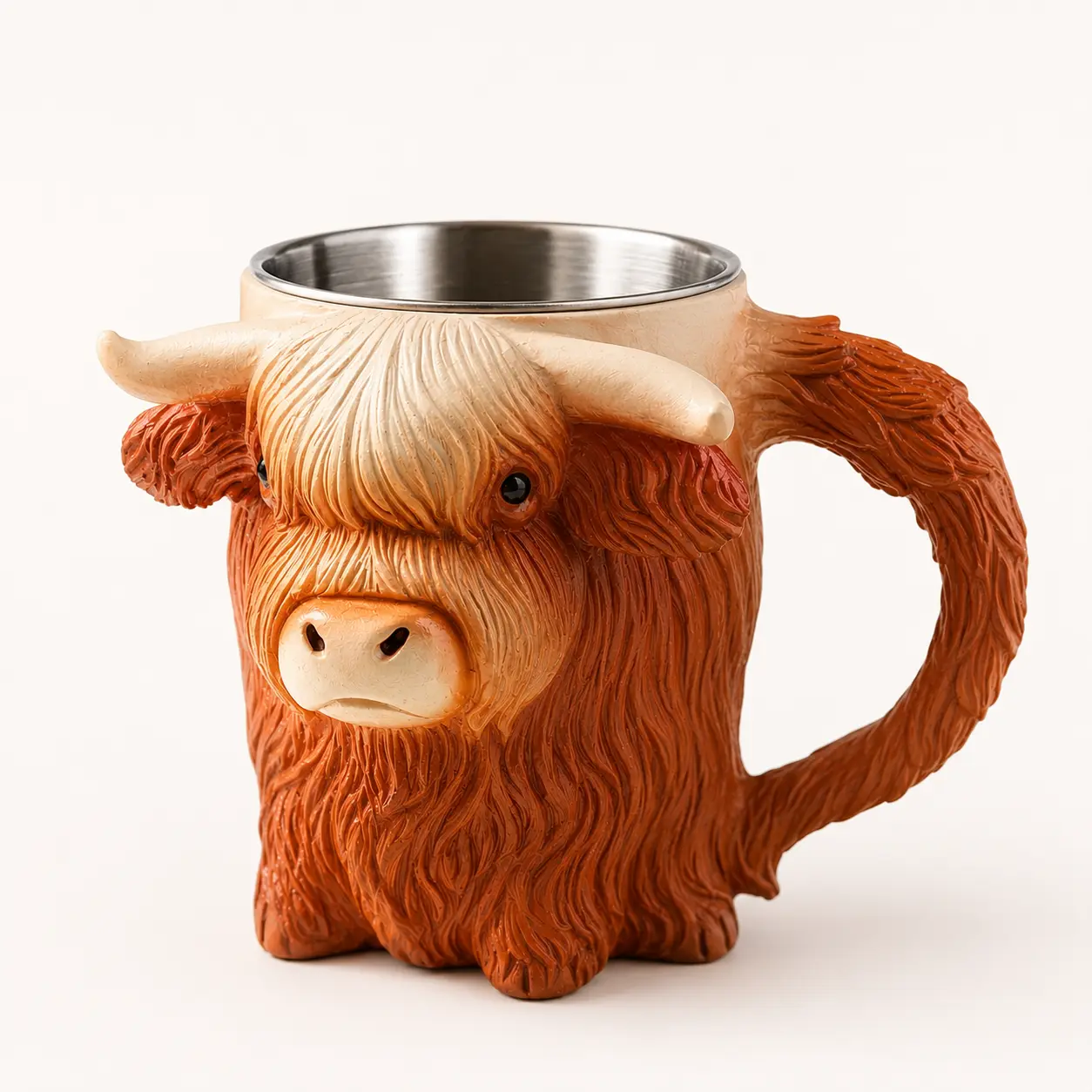 Highland Cow Mug Cute 3D Animal Coffee Cup with Stainless Steel Liner, Unique Farmhouse Gift for Cow Lovers, Cozy Home Office Drinkware