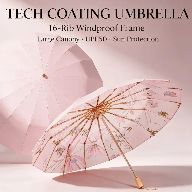 High aesthetic value, light luxury, 16 bone retro oil painting umbrella, thick and durable folding umbrella, color glue sun protection, sunshade umbrella, UV protection