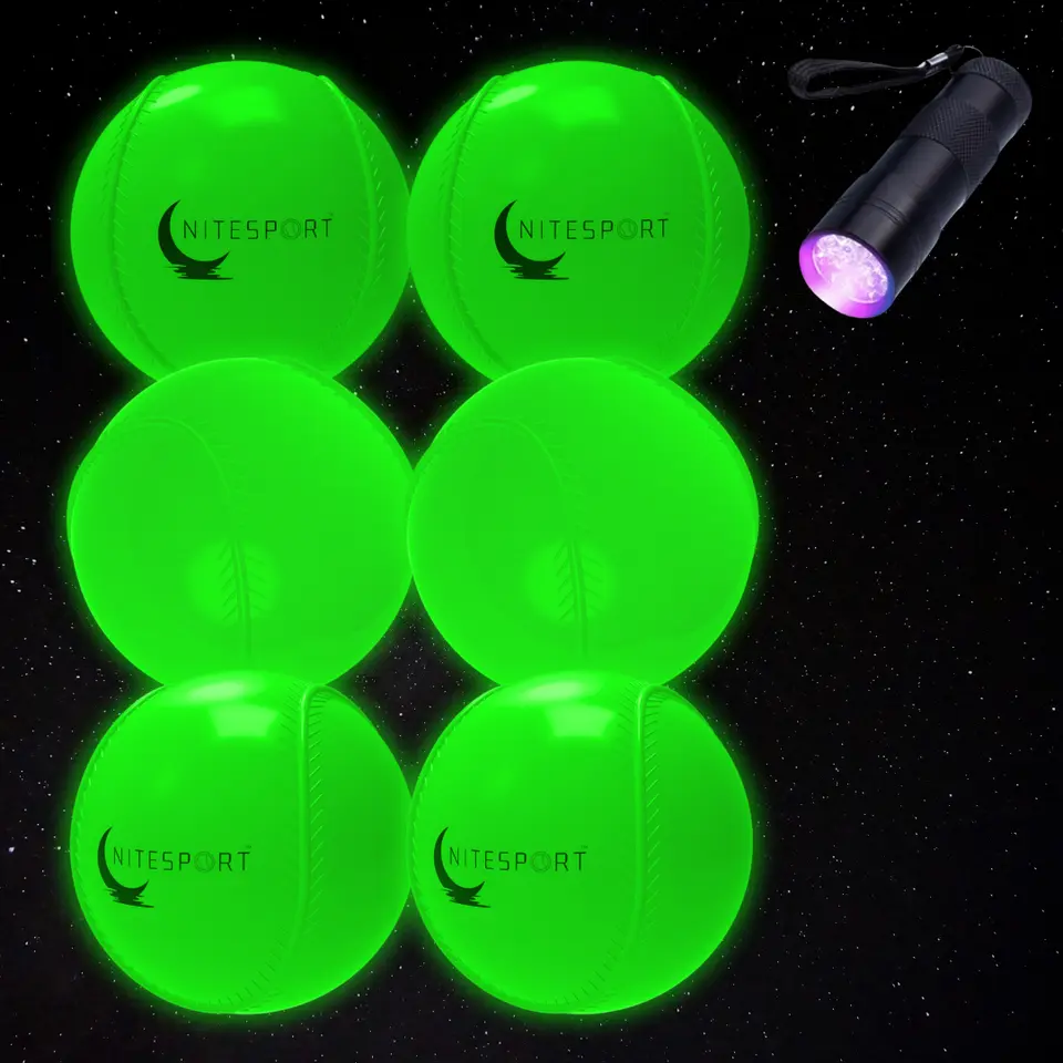 NiteSport Glow In The Dark Plastic Baseball Set 6PK Durable Plastic Balls with UV Flashlight for Night Games & Family Friendly