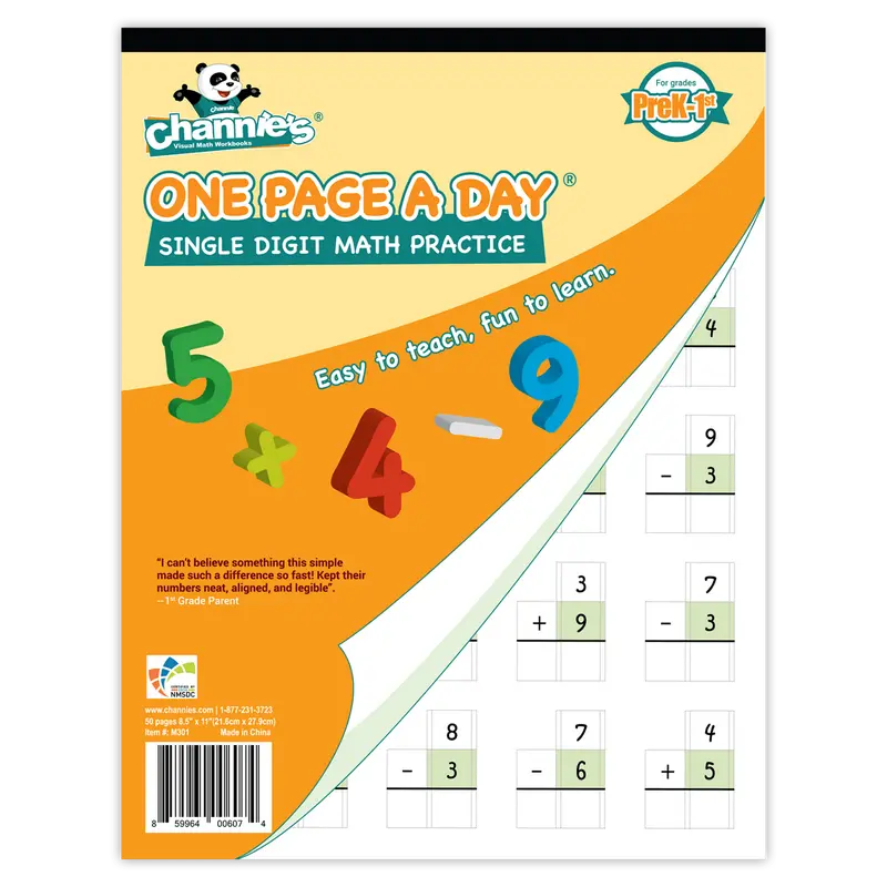 1-Page A Day Single Digit Basic Math Workbook - Visual Practice Learning Materials, Travel-Size, Easy to Teach, Large Boxes for Aligned Numbers, Classroom Supplies, School Gear for 8-10 Years Early Learners