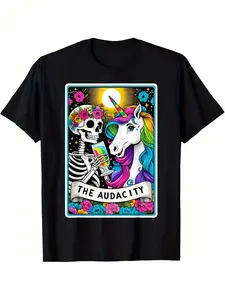 Funny Unicorn Skeleton & The Audacity Tarot Card T-Shirt - Retro Unisex Short-Sleeve Tee 220GSM Pure Cotton Humorous Graphic Print for Men & Women Casual Wear