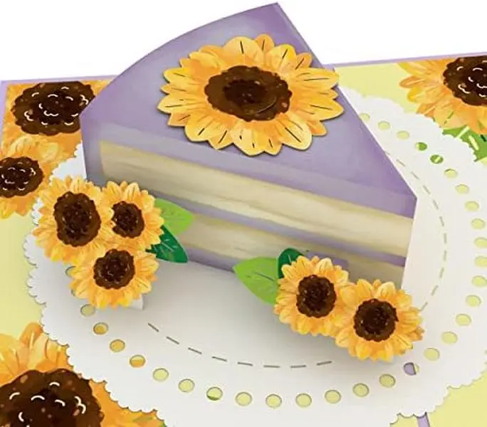 Sunflower Birthday Cake Slice Pop Up Card – Sunflower Cards for Women – 3D Pop-Up Greeting Card, Birthday Card for Mom, 5 x 7”