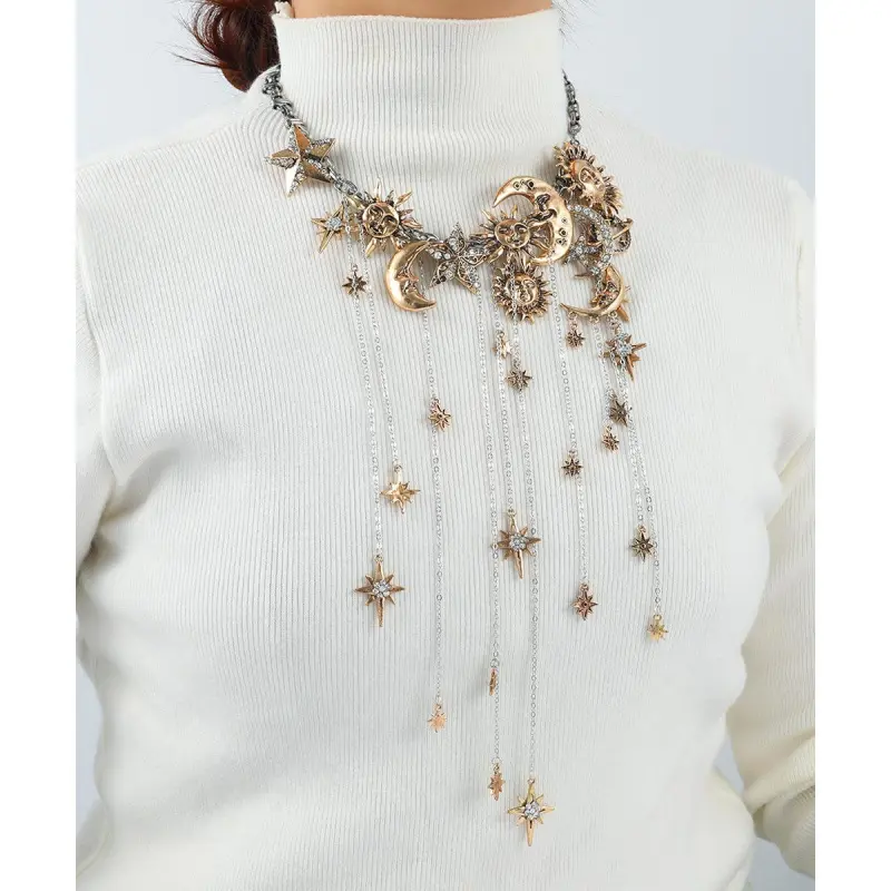 Women's Bohemian Long Pendant Costume Necklace - Euro-American Design, Sun Star Moon Tassel, Rhinestone Accents, Gold-Silver Dual-Color Matelasse Chain, Bling Stylish Accessory, Summer Fashion Accessory, Elegant Rhinestone Necklace