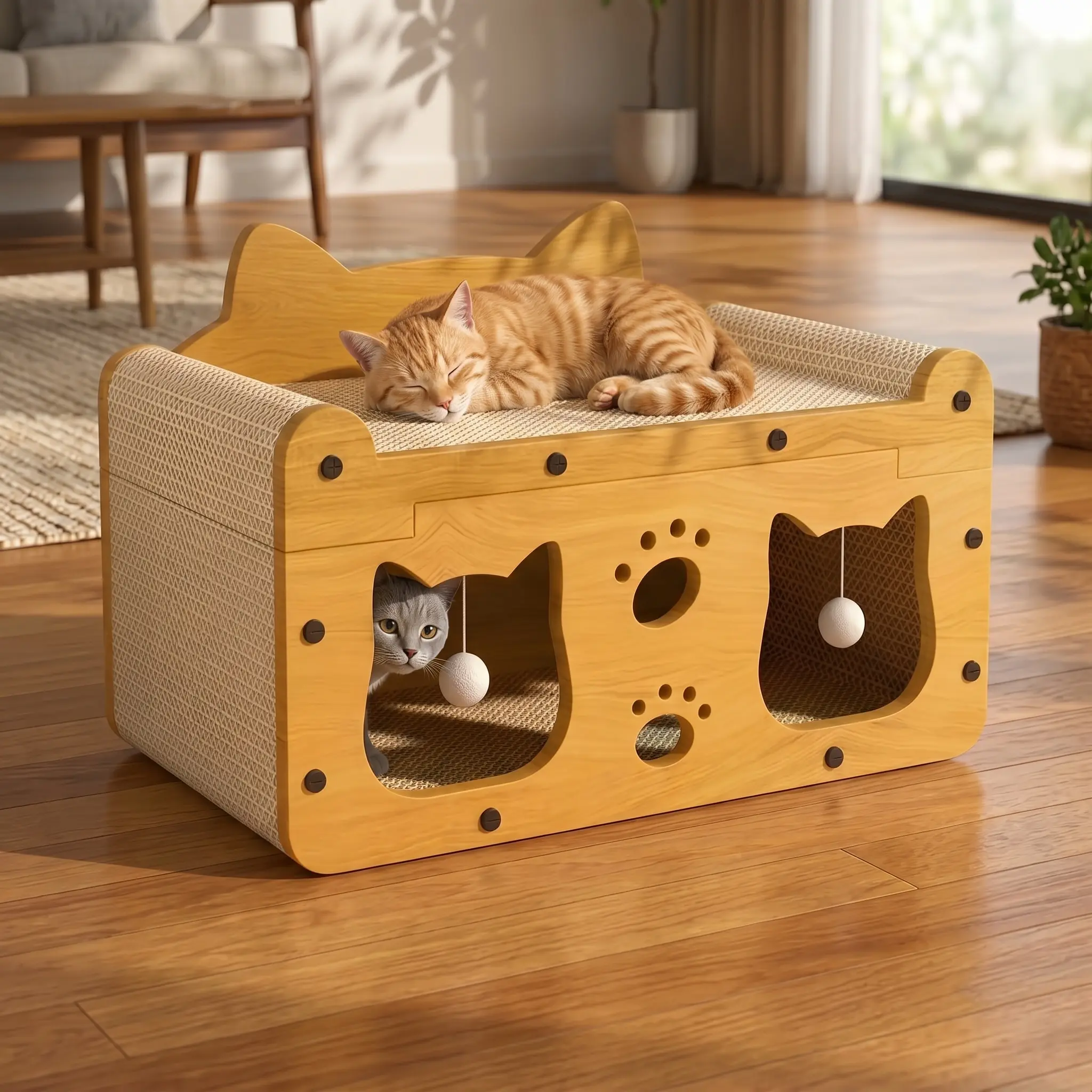 Innovative Vertical Cat Scratching Post and Cozy Cat House - Durable, Non-Shedding Design for Playful Cats