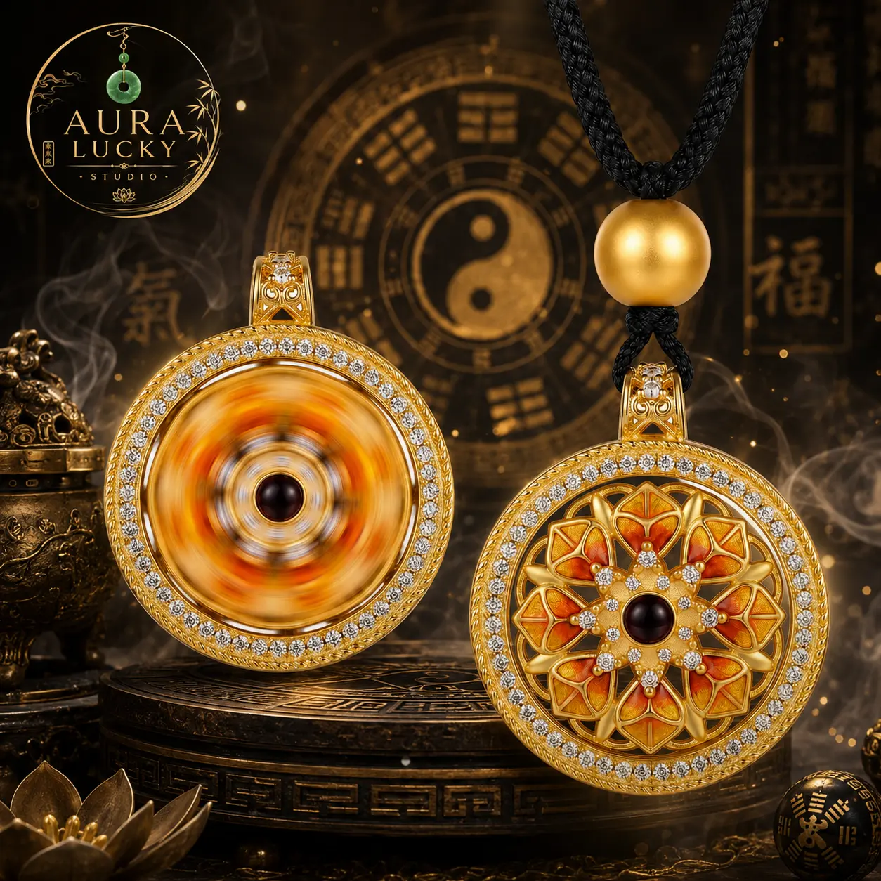 Taoist Mandala Handmade Necklace, Chinese Vintage Hand-Painted Golden Pendant Amulet, Gold-Plated Brass Custom Made Jewelry, Adjustable Cord Chinoiserie Necklace for Men-Women, Casual Auspicious Religious Accessory, Meaningful Gift, Meaningful Gifts, Hand