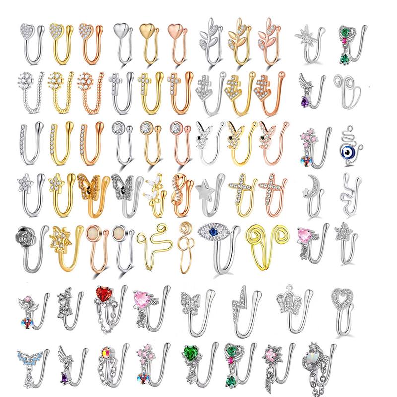Random 10pcs Nose Clip and Stud Set with Copper Synthetic Zirconia U-Shaped Heart Crown Butterfly Five-Pointed Star Nose Rings,  Ideal for Party and Festival Celebrations