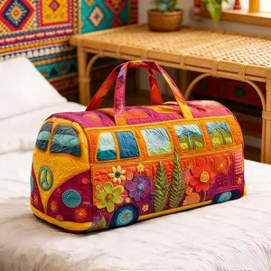 Boho Quilted Retro Bus Travel Bag, Colorful Hippie Floral Handbag, 18"x9"x9" Art Quilted Weekender Duffel Bag