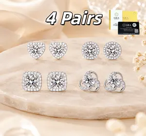 Factory Direct 4 Pairs Moissanite Luxury Sparkly  Earrings for Women,  Waterproof Stud Earrings Set, Everyday Fashion Jewelry Gift for Wife, Bestie, Students
