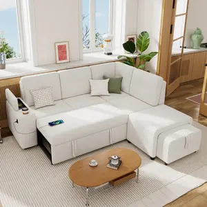 94" Sectional Sofa Pull-out Sofa Bed L-shaped Sofa with Movable Ottoman and Stool, Large Storage Space, a Cup Holder, and Two USB Ports for Living Room, Creamy White