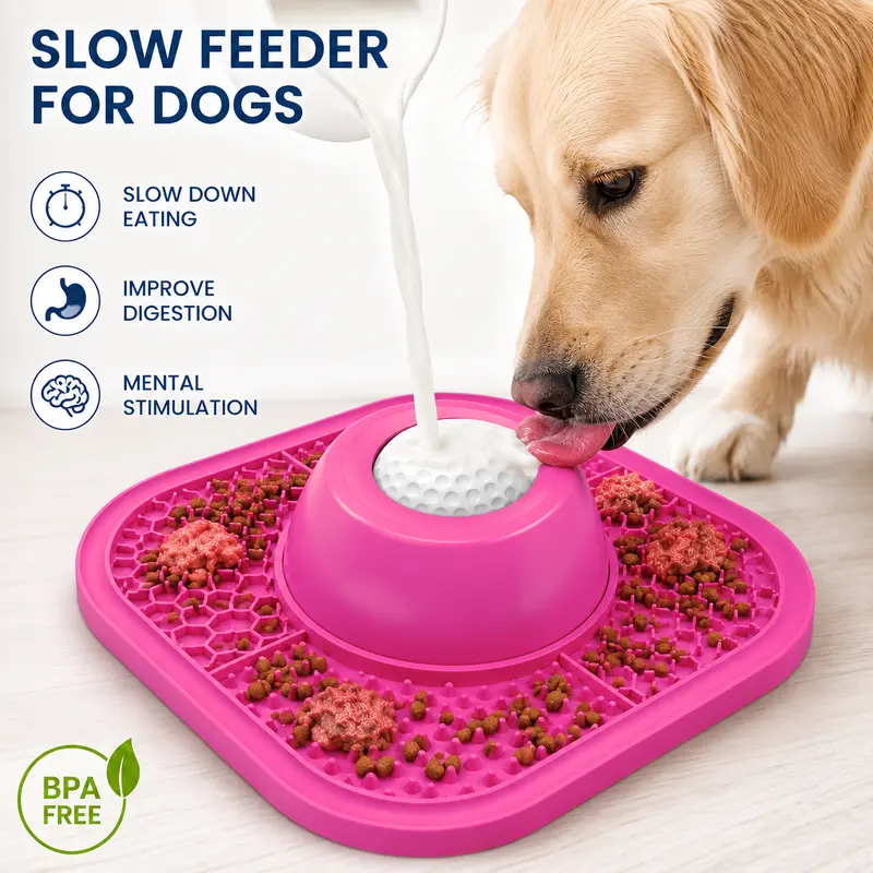 Slow Feeder Dog Bowl-Dish with Stick & Spread Lick Mat, 112 Strong Suction Cups, Anti-Slip, Ball-Guided Flow Toy, Improves Digestion, Reduces Splashes, Splash-Free, No Fuss, For Small/Medium Breeds & Dietary Supplements (Not Smart Devices)