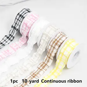 10 Yards 1.5 Inch Pink White Buffalo Plaid Continuous Ribbon Double Ruffled Edge Chiffon Pleated Checkered Gingham Pastel Fabric Ribbons Bulk for Sewing Making Craft Gift Wrapping Bouquets Home Decor