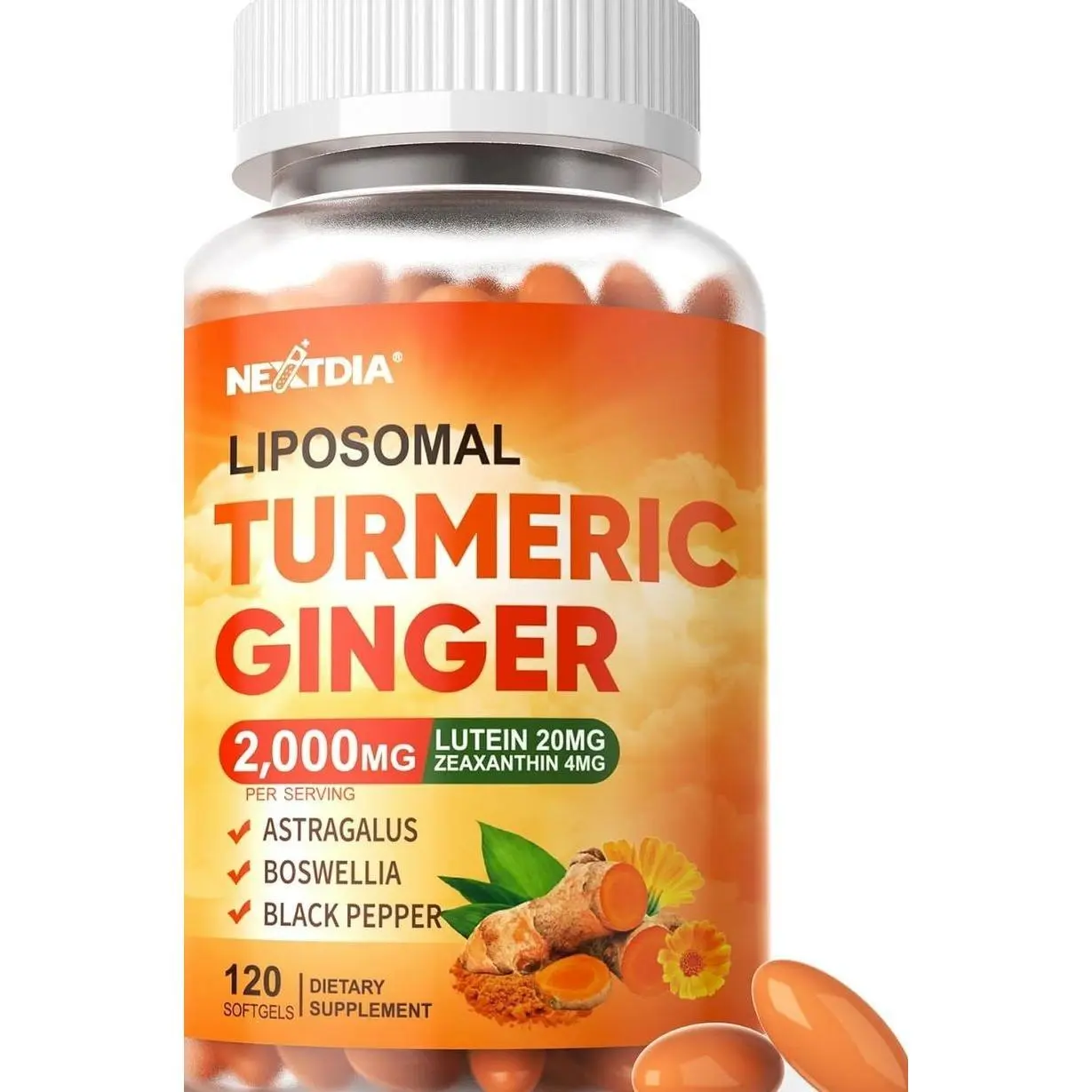 Liposomal Turmeric Curcumin and Ginger Supplement Softgels 2000mg, 95% Curcuminoids, Organic Turmeric Root Extract with Black Pepper for Superior Absorption, Plus Lutein Zeaxanthin, Non-GMO, 120 Pills