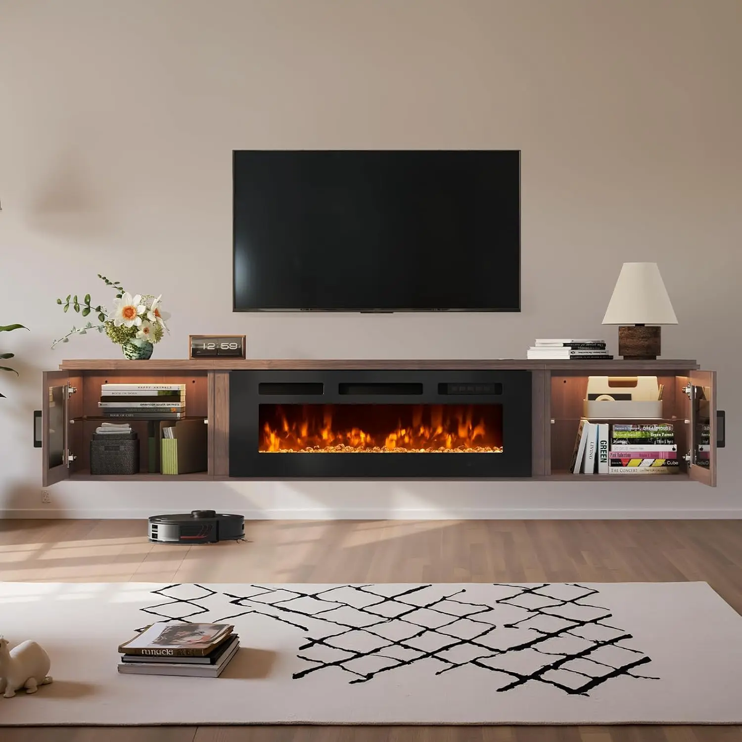 Aoxun 70" Floating TV Stand with 36" Fireplace, High Gloss Finish Wall-Mounted Entertainment Center for TVs Up to 80", Modern Media Console with Storage, Brown Tv Cabinet Table Tv Shelf