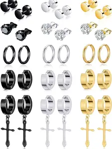 15 Pairs Stainless Steel Cross Dangle Hinged Earrings Set for Men Women Ear Piercing Jewelry Silver Black Gold Tone