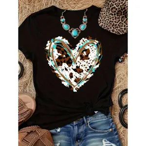 Adventure Graphic Tee Turquoise & Leopard Heart Design, Soft Stretch Crew Neck Top for Spring, Summer & Fall Statement Style