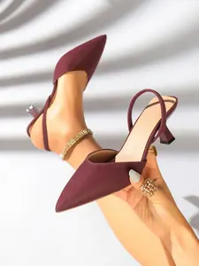 Women's Pointed Toe Slingback Kitten Heels Elegant Office Style Faux Leather Elastic Strap Spool Heel Dress Pumps for Work & Party Kitten Heel Sandals