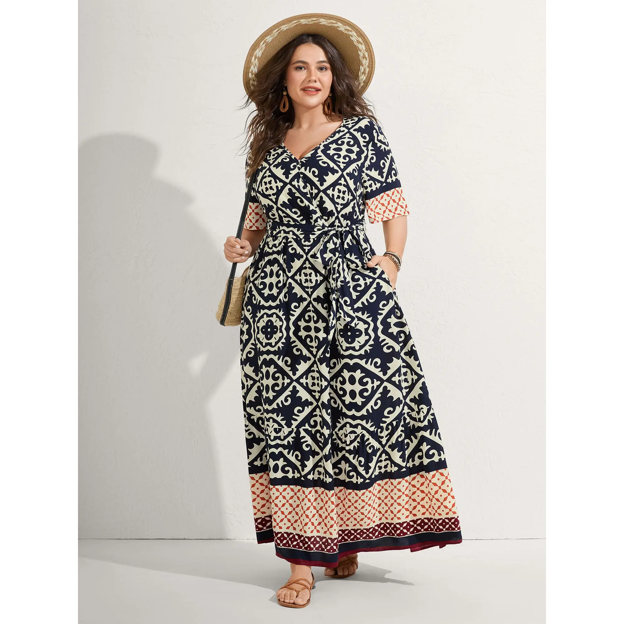 BloomChic Women's Plus Size Comfy Casual Maxi Dress, Colorblock Short Sleeve Belted Summer Dress for Modest Fashion, Smooth, Simple, Everyday, Pocket, Ruffled, Rayon Fabric, Regular Fit, Long Length, Daily, Midnight, Breathable, Bohemian, Casual Wear