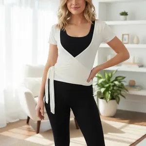 Women's Wrap V Neck Tops Basic Short Sleeve Solid Color Tie Side T-Shirts Workout Blouses