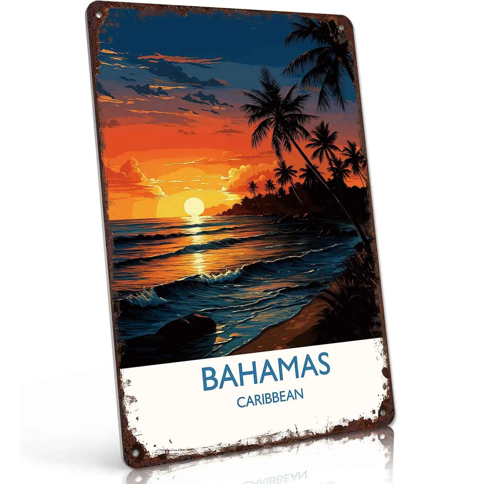 Vintage 8x12 in Aluminium Mountable Lightweight Retro Decorative Metal Tin Sign - Bahamas Caribbean Beach Sunset, Tropical Palm Tree Wall Decor for Home Bar, Coastal Living Space Travel Themed Gift, Room