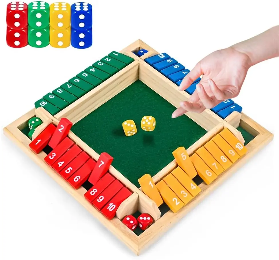 Solid Wood Shut The Box Dice Game, 1-4 Players, 10 Numbers, Ages 4+, Classic Play, Math Skill Development, Traditional Pub Bar Family Table Mat Game for Adults