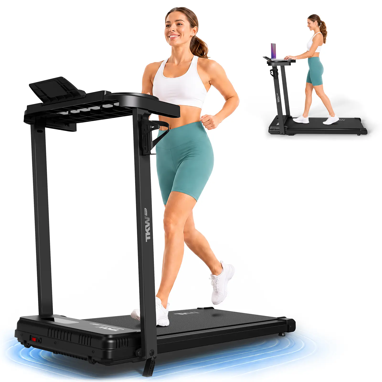 TKW 3-in-1 Walking Pad Treadmill, Foldable Treadmill with Handrail, Lightweight Portable, Remote Control, Moving Wheels, Vibration Walking Pad for Home Workout【Auction Only】