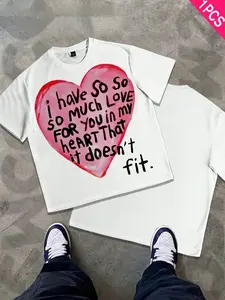 Men's Loose Fit Fashion Print T-Shirt, Valentine's Day Couple, Heart Cartoon Pattern, Casual Daily Wear, Unisex Youth Street Style, Streetwear