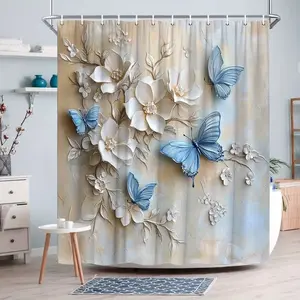 Floral and delicate blue butterfly designs adorn this coffee-blue shower curtain, a perfect addition to any bathroom décor, enhancing the space. Easy to clean, available in multiple sizes, and includes a shower curtain hook.