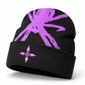Unisex Knit Beanie – Black & Purple Spider Design with Satin Lining