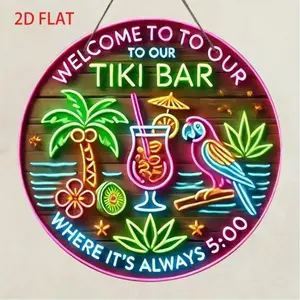 1PC 2D Plane "Welcome to Our Tiki Bar" Round en Sign - Vibrant Neon effect Style Wall Decoration with Palm Trees, Cocktails, and Tropical Leaves - Perfect for Porch, Door, or Outdoor Home Decoration, Tiki Bar Decoration, Neon Led Sign