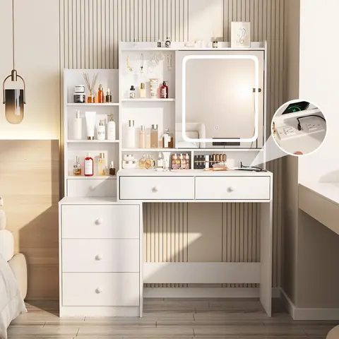 [tiktokshopstockup] Vabches Modern Makeup Vanity Desk - Makeup Storage Desk with 6 Drawers & Shelves, Built-in Power Strip, 3-Color Adjustable Lighting, Bedroom Accessories